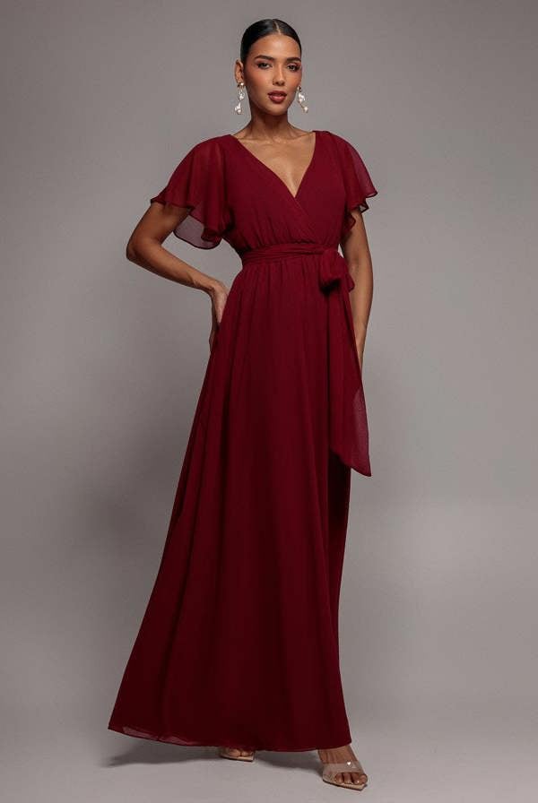 Sustainable Chiffon Flutter Sleeve Wrap Maxi Dress - Berry DR2486BBS