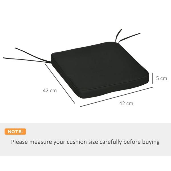 Black seat cushion pad with tie straps; labeled dimensions 42 x 42 x 5 cm.