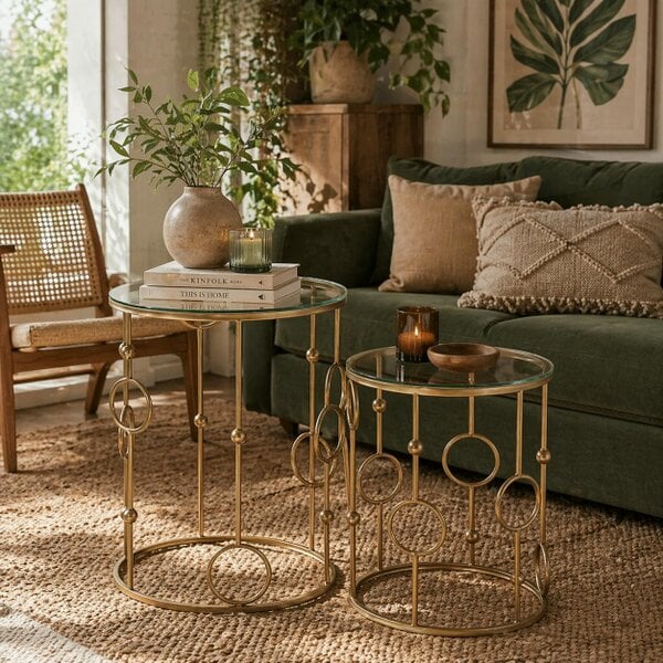 Wyld Haus Basu Metal Gold and Glass Set Of 2 Round Nesting Coffee Tables