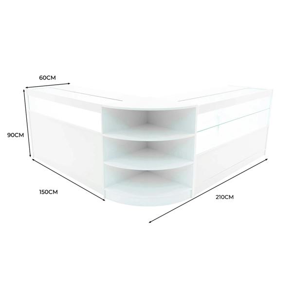 Harmonia LED Shop Counter Set in sleek white, featuring curved design, multiple shelves, and illuminated display areas, dimensions 210cm x 150cm x 90cm