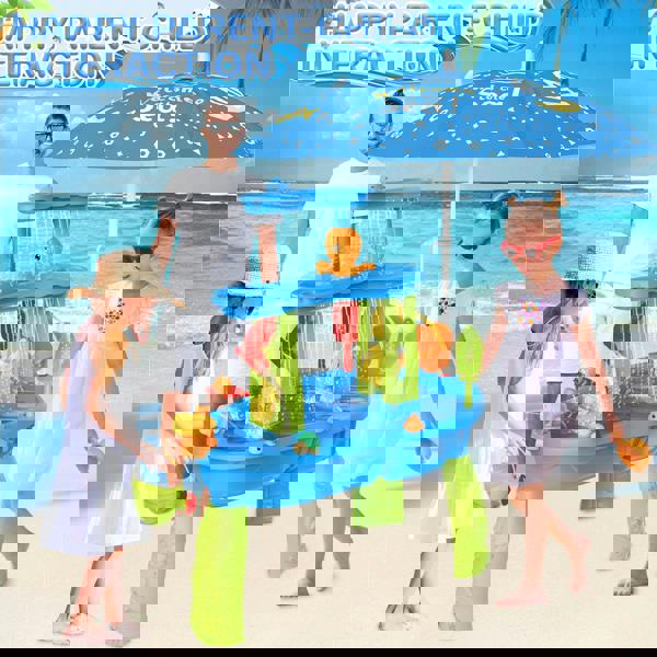 deAO Toys deAO Kids 3-Tier Water and Sand Play Table with Shade Umbrella – Outdoor Activity Set with Water Wheels