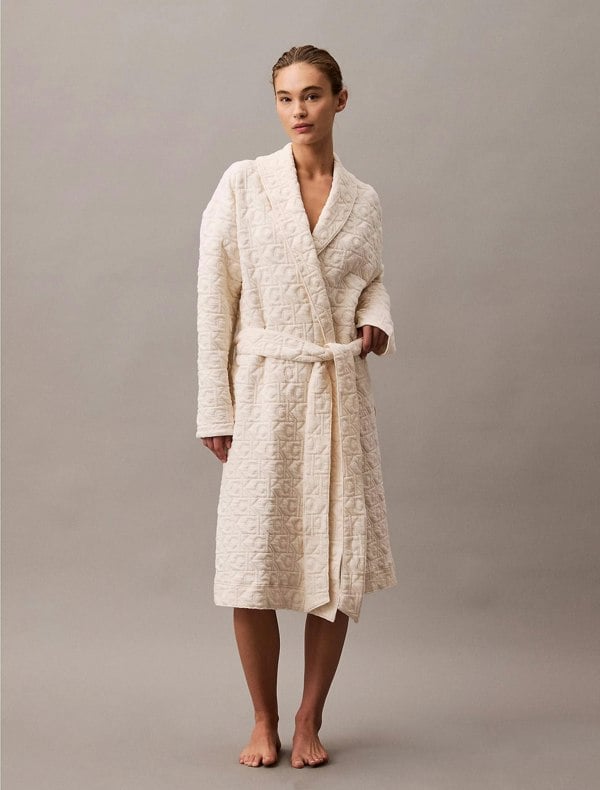 Calvin Klein MODERN TERRY QUILTED Womens Bathrobe Ivory