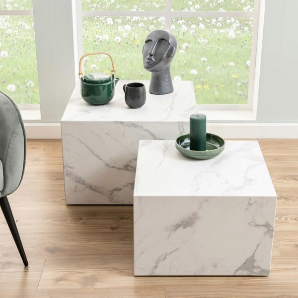 Furniture To Go Dice Square Coffee Table Set in White Marble Effect