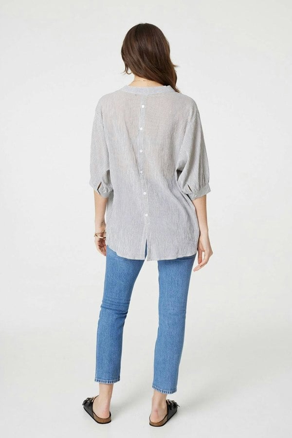 White | Pinstripe Relaxed Button Back Blouse
