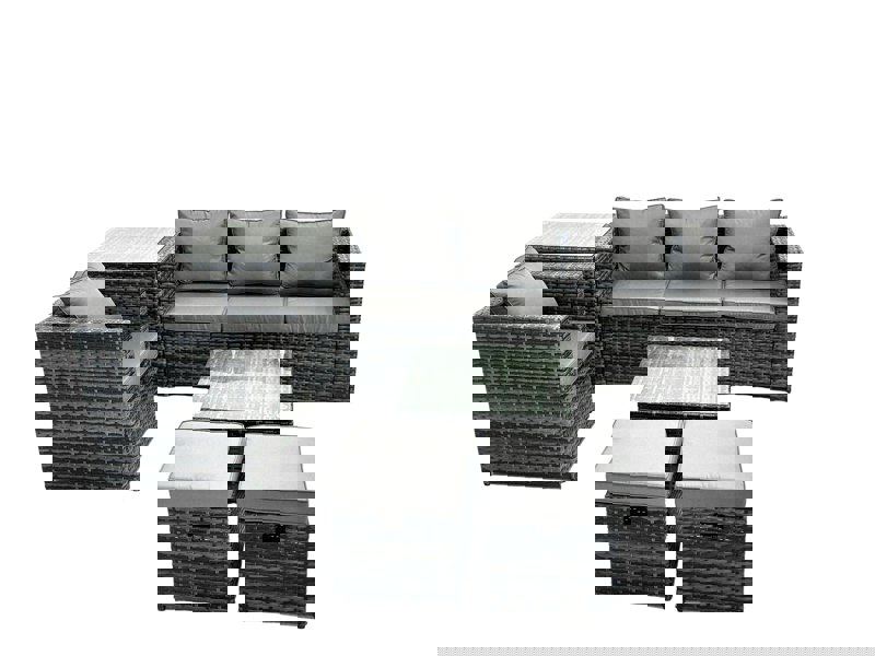 Fimous Rattan Garden Furniture Set 6 Seater Patio Lounge Sofa Set with Armchair Square Coffee Table Side Table 2 Small Footstools Dark Grey Mixed