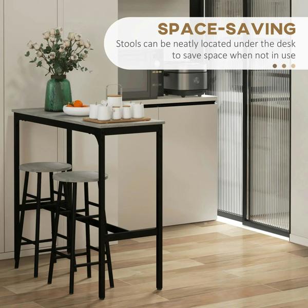 Grey bar table with two stools, black metal frame and round grey seats