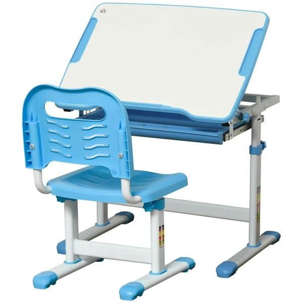 Blue kids desk and chair set with tiltable desktop and sturdy white frame.