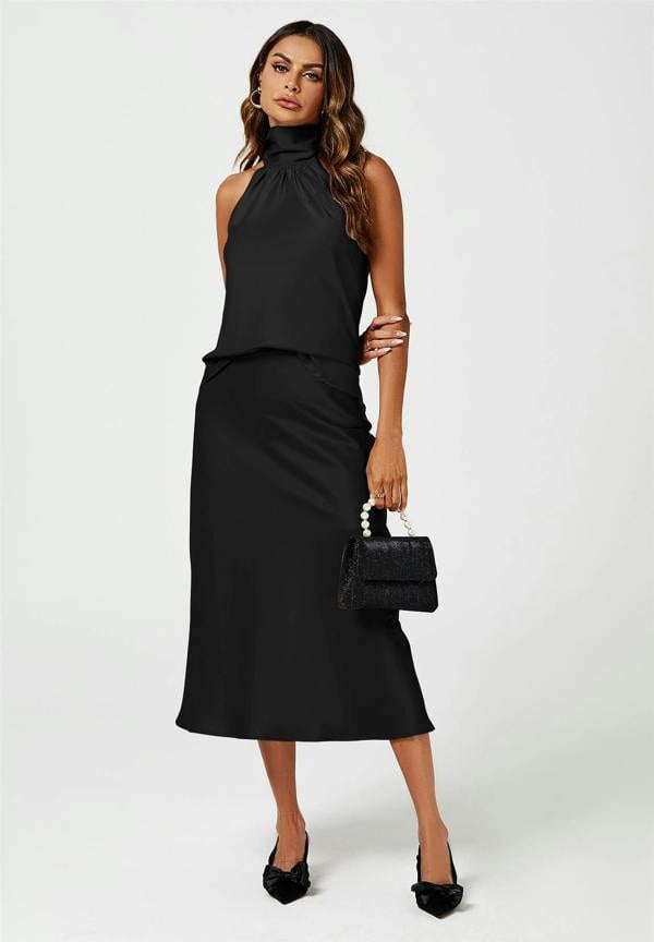FS Collection Satin Halter Neck Tie Back Top In Black