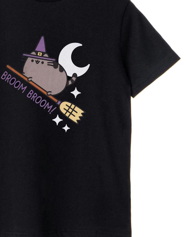 Pusheen Girls Black Halloween Broom Broom Short Sleeved T-Shirt