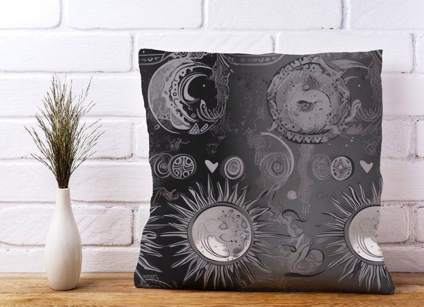 Warren Reed Black Grey Abstract Sun and Moon Cushions