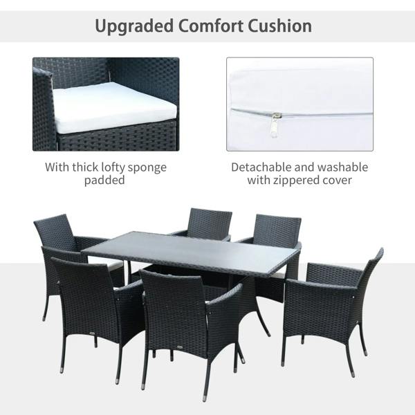 Black rattan dining set with 6 armchairs and thick seat cushions