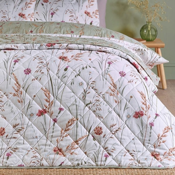 Catherine Lansfield Brushed Grasmere Floral Cotton Reversible Quilted Bedspread Green