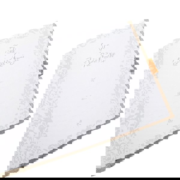 Natural Linen Fabric Wedding Day Guest Book with Shiny Gold Rings Image 6