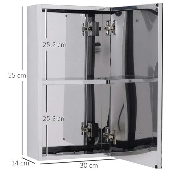 Stainless mirror storage cabinet interior with adjustable shelves and door hardware