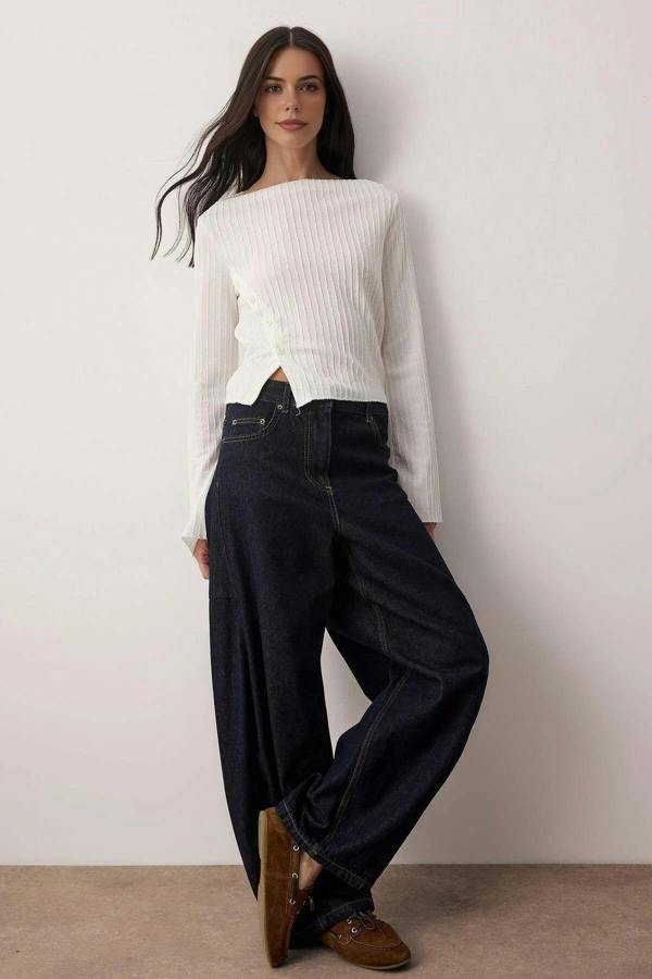 WOVCOR Asymmetrical Flexible Knit Blouse with Button Detail