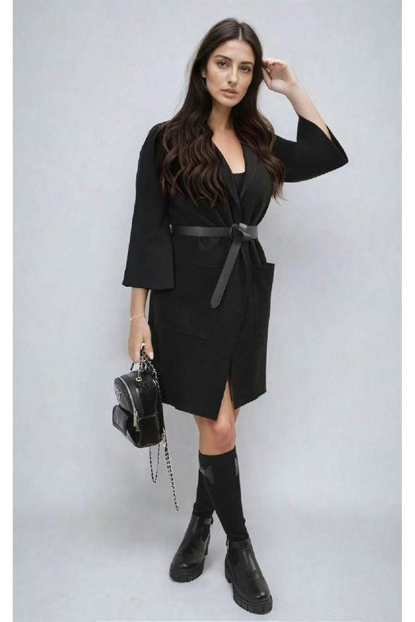 Cheryl Open Front Longline Knitted Cardigan With Front Pockets - Black