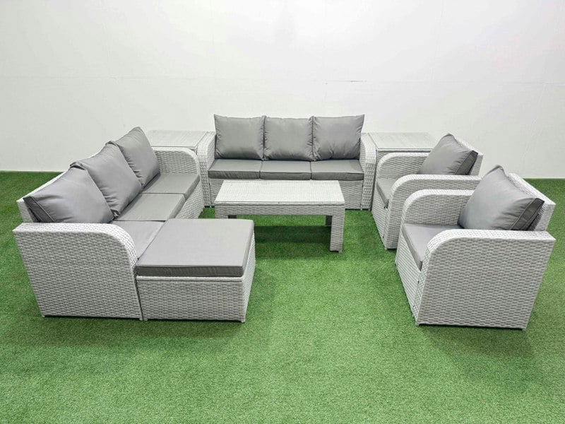 Fimous Light Grey PE Rattan High Back Lounge Set - Oblong Coffee Table, 3-Seater Sofa, Reclining Chair & Big Footstool