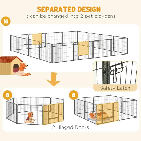 Grey 16-panel dog playpen with separated design and safety latch detail