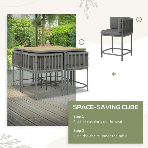 Grey rattan cube dining set with square table, cube chairs, and space-saving design