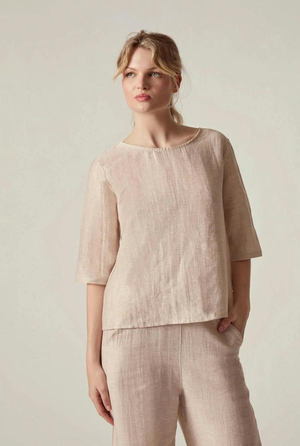 James Lakeland Beige Linen Blend Button-Back Top