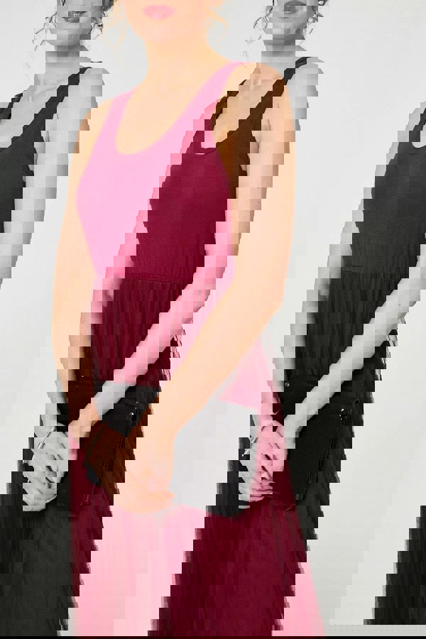 Burgundy | Layered Knit Top Mesh Pleated Midi Dress