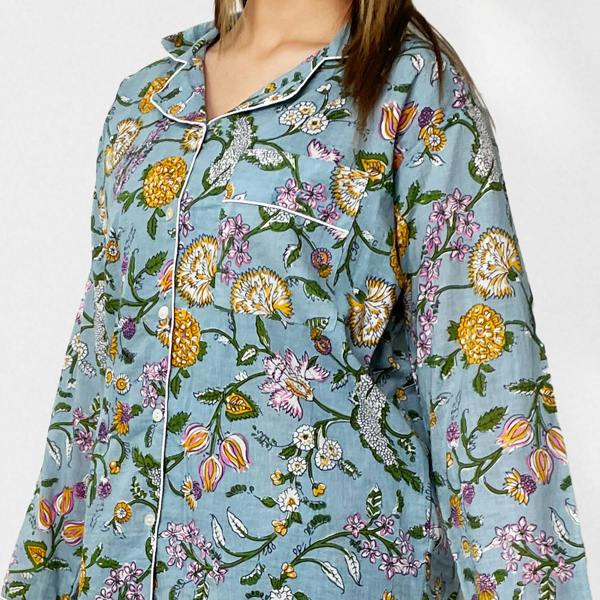 Hayley & Co Pale Blue Block Print Floral 100% Cotton Long Pyjama Set