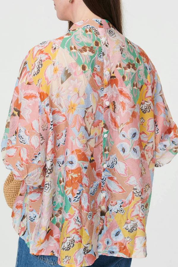 Pink | Abstract Curved Hem 3/4 Sleeve Blouse