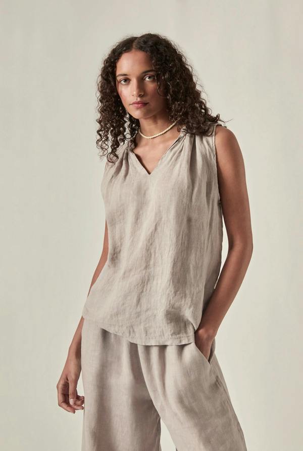 James Lakeland Taupe Pure Linen Sleeveless Top