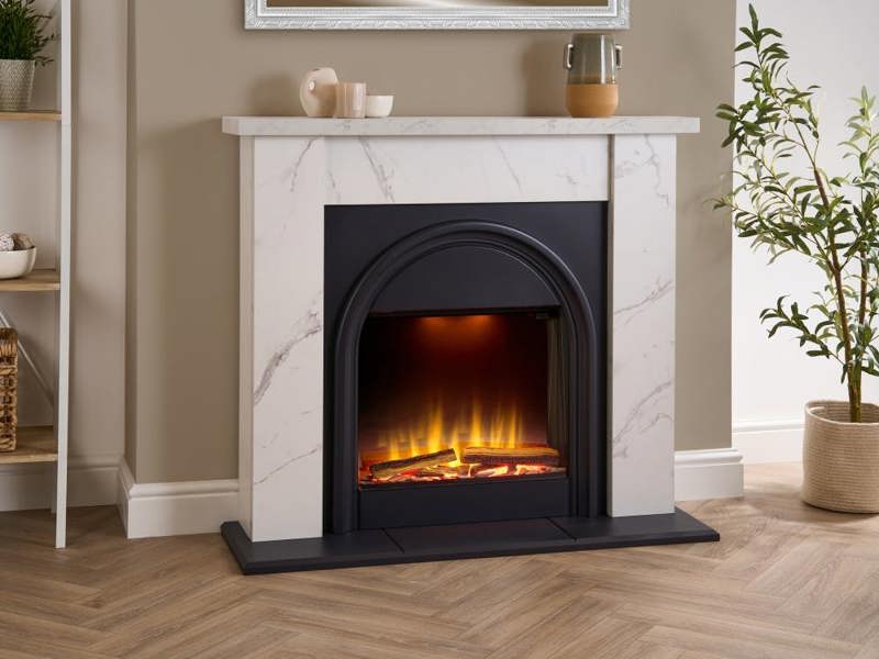 Adam Burlington Electric Fireplace Suite in White Carrara Marble Effect, 43 Inch