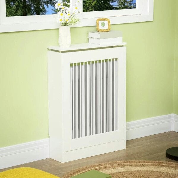 Bobobiy Radiator Cover Vertical Slatted Grille Heater Cover Top Shelf MDF Steel for Heat Circulation 60 x 18 x 84 cm White - White