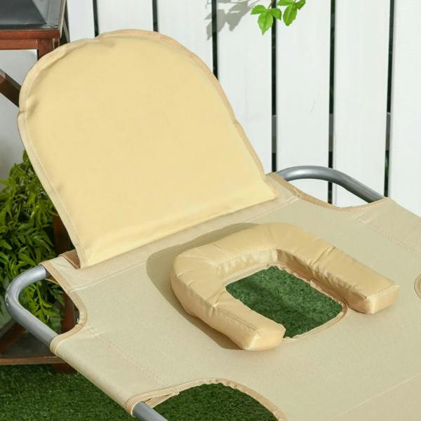 Beige sun lounger cushion with circular reading hole and arm-slot openings on seat