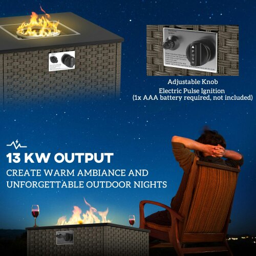 Wyld Haus Lenaro Rattan Grey Square Gas Fire Pit Coffee Table 13 kW With Lid 58 x 58 x 33 cm