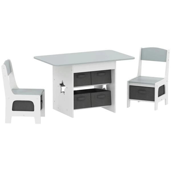 Light grey kids table with 2 open storage drawers and 2 chairs, star door