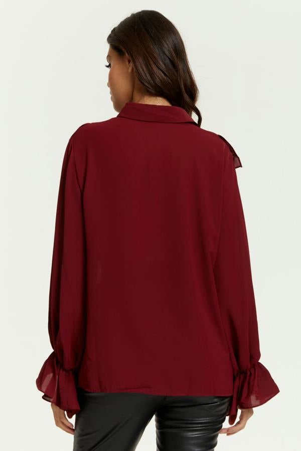 Hoxton Gal Oversized Frilled Front Shirt with Detailed Cuffs in Burgundy