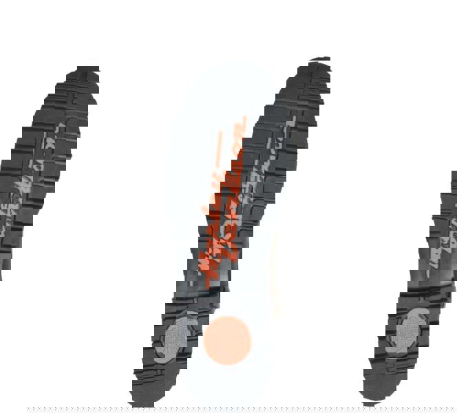 Harley Davidson Gilford CE Mens Zip Up Riding Biker Ankle Boots, black boots with rugged sole and Harley Davidson logo in orange on sole.