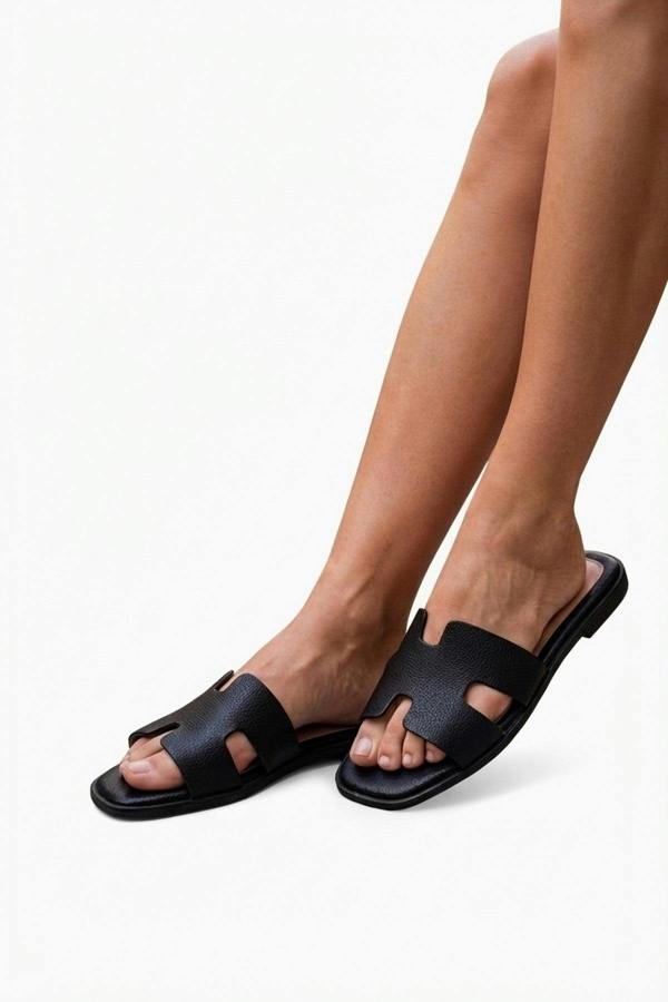 Aria Womens H-Strap Flat Slide Sandals - BLACK_wb