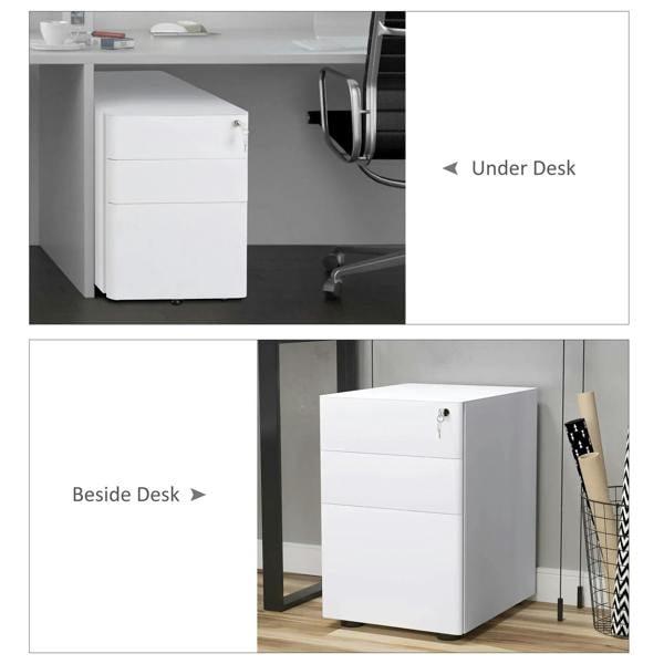 White rolling filing cabinet beside a desk, with three drawers