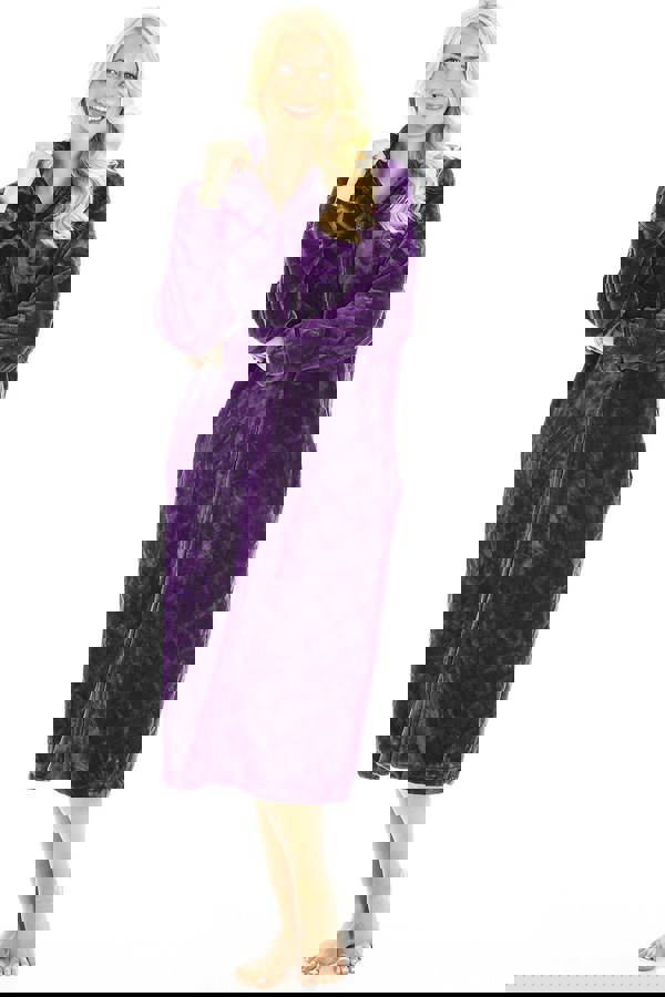 Camille Womens Purple Classic Full Length Zip Through Housecoat With Inseam Pockets