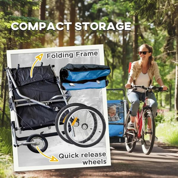 Blue two-seat bike trailer with folding frame and quick-release wheels