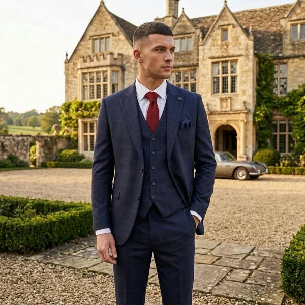 TruClothing IM54 - Men's Navy Blue Check Tailored Fit 3 Piece Suit