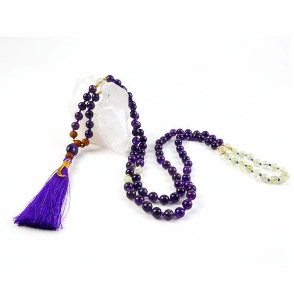 Kati Kaia Amethyst Crystal Pure Mala Prehnite and Lemon Quartz with purple beads and tassel