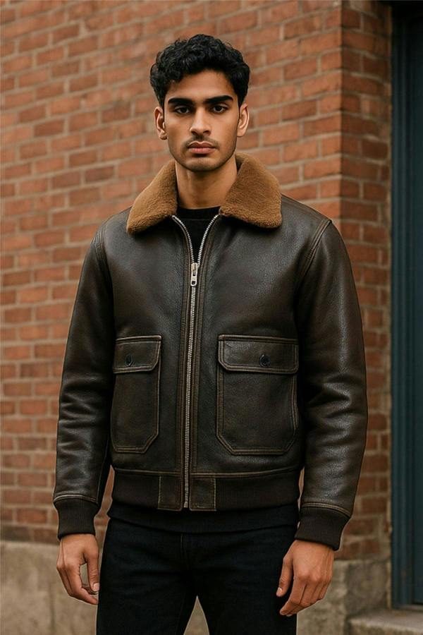 Infinity Leather Men's Brown Leather Bomber Sheepskin Collar G-1 Pilot Jacket - Trick