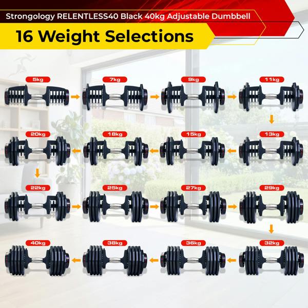 Homeology RELENTLESS40 Adjustable Smart Dumbbell 5kg to 40kg Single Home Fitness Training Weights Black