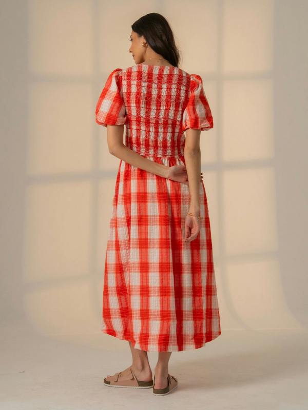 Rose & Nancy Nella Coral White Check Smock Midi Dress With Embroidery