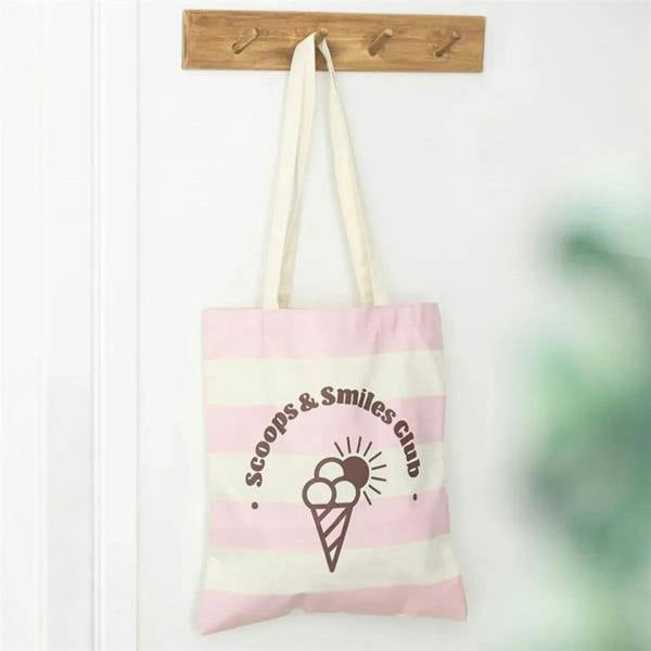 Pink and white striped polycotton tote bag with Scoops & Smiles graphic and handles
