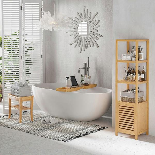 Natural wood slatted 2-tier shower bench with four legs, bathroom storage stool.