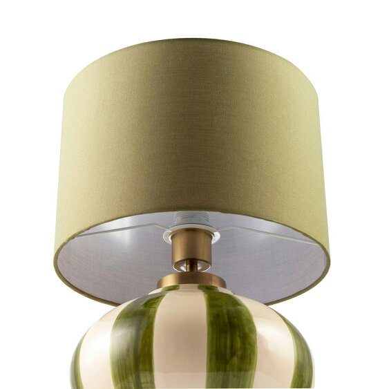 Happy Homewares Hand Brushed Olive Green Striped Ceramic Table Lamp with Fabric Shade
