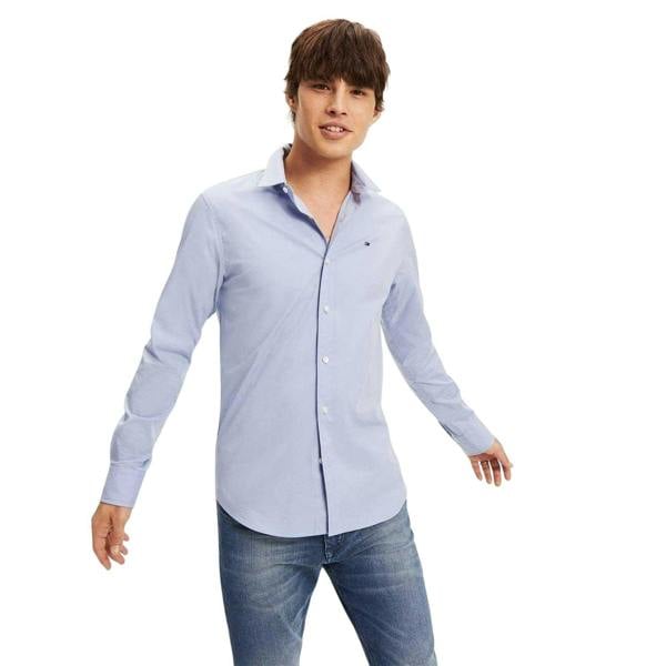 Tommy Jeans Mens Plain Stretch Long-Sleeved Shirt - Blue - 