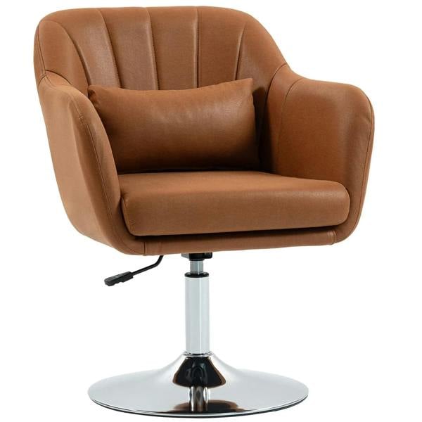 Brown microfibre swivel accent chair with padded arms and round chrome base