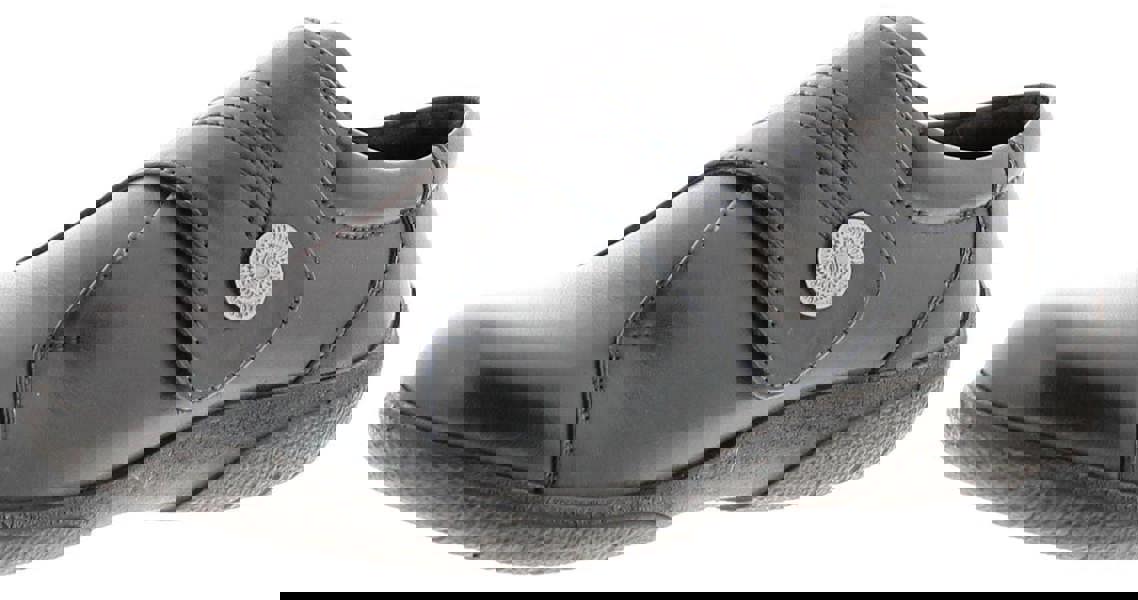 Dr Keller Rita Womens Occupational Nurse Low Wedge Walking Leather Shoes, black leather slip-on shoe with adjustable strap and circular decorative button details.